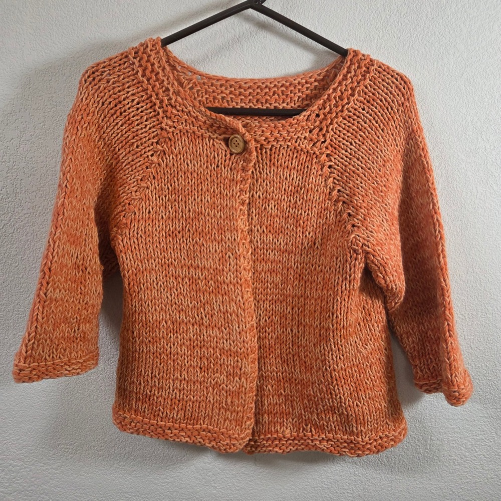 Handmade Chunky Knit Orange Cardigan Single Button 3/4 Sleeve Sweater Small